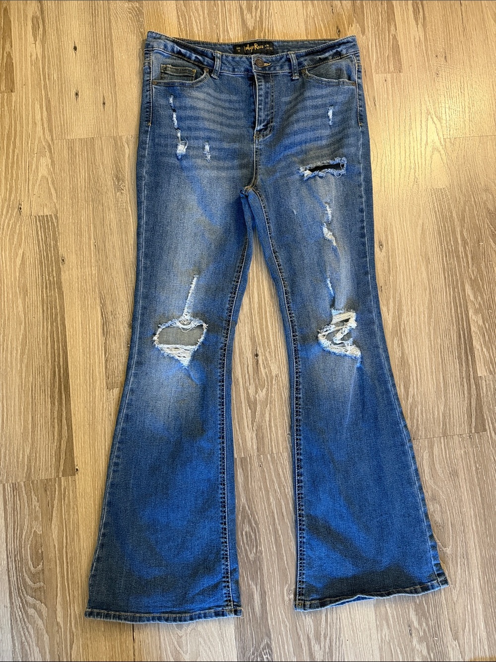 Indigo Rein Size 13 Distressed Flare Jeans in Blue
